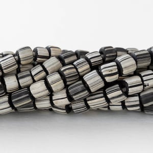 Glass Java Beads - Black with White Stripes - Gooseberries - Whole or Half Strand