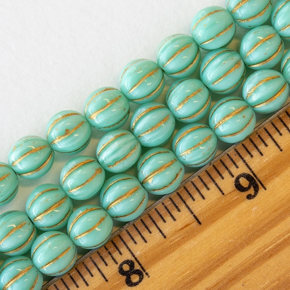6mm Melon Beads 6mm Czech Glass Beads Large Hole Beads for Jewelry Making  2mm Hole Green Blue Mix With Bronze Wash 50 Beads 