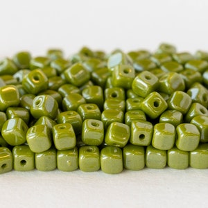 100 - 4mm Cube Beads - Czech Glass Beads - Olive Green Luster with a Picasso Finish - 100 beads