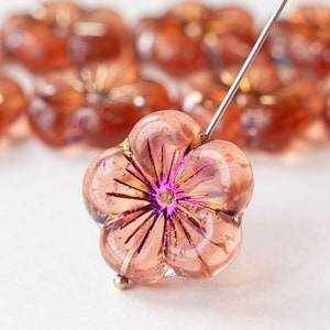 21mm Table Cut Hibiscus Flower Beads - Czech Glass Beads - Peach with Iris Wash - 2 or 6 beads