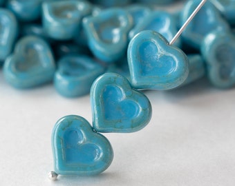 10 - 14mm Glass Heart Beads - Czech Glass Beads - 14mm Heart - Turquoise with an Aqua Blue Wash - 10 beads