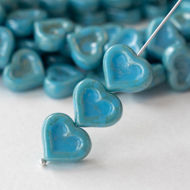 10 14mm Glass Heart Beads Czech Glass Beads 14mm Heart Turquoise with an Aqua Blue Wash 10 beads image 1