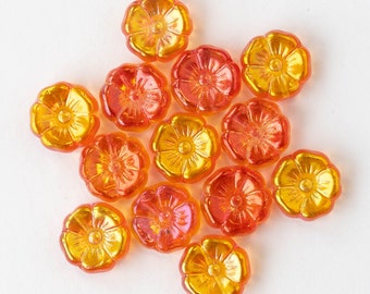 12mm Czech Pressed Flower Beads - Czech Glass Beads For Jewelry Making - 12mm - Transparent Shiny Orange AB  - 10 beads