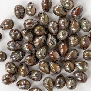 48 - 7x5mm Teardrop Beads 5x7mm - Czech Glass Beads - Opaque Brown Green and Pyrite Mix - 48 Beads - 4.75 Inches - Smooth Briolette Beads