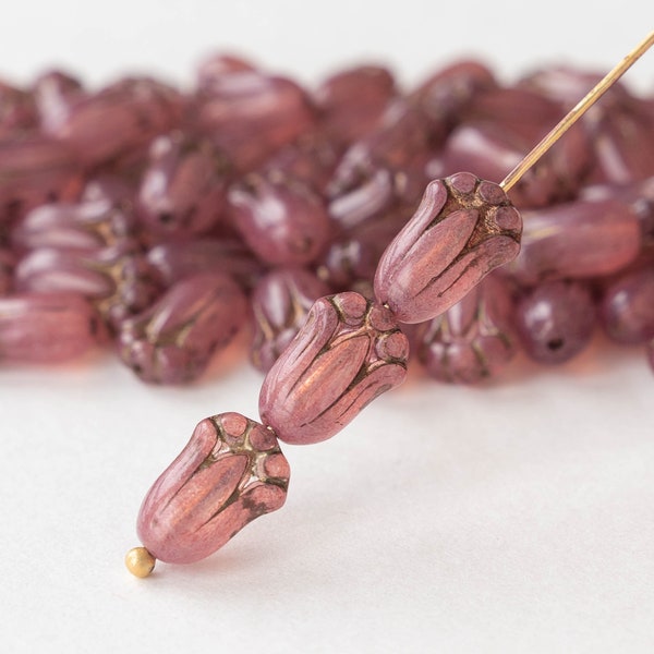 20 - Tulip Flower Beads - Czech Glass Beads - Pink with Bronze Wash - 20 Beads