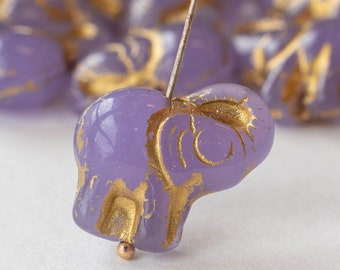 Czech Glass Elephant Beads - Lucky Elephant Beads - Lavender With Gold Decor - Choose Amount