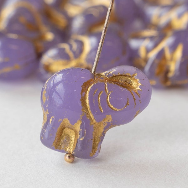 Czech Glass Elephant Beads - Lucky Elephant Beads - Lavender With Gold Decor - Choose Amount