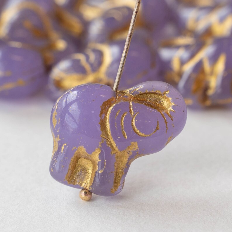 Czech Glass Elephant Beads Lucky Elephant Beads Lavender With Gold Decor Choose Amount image 1