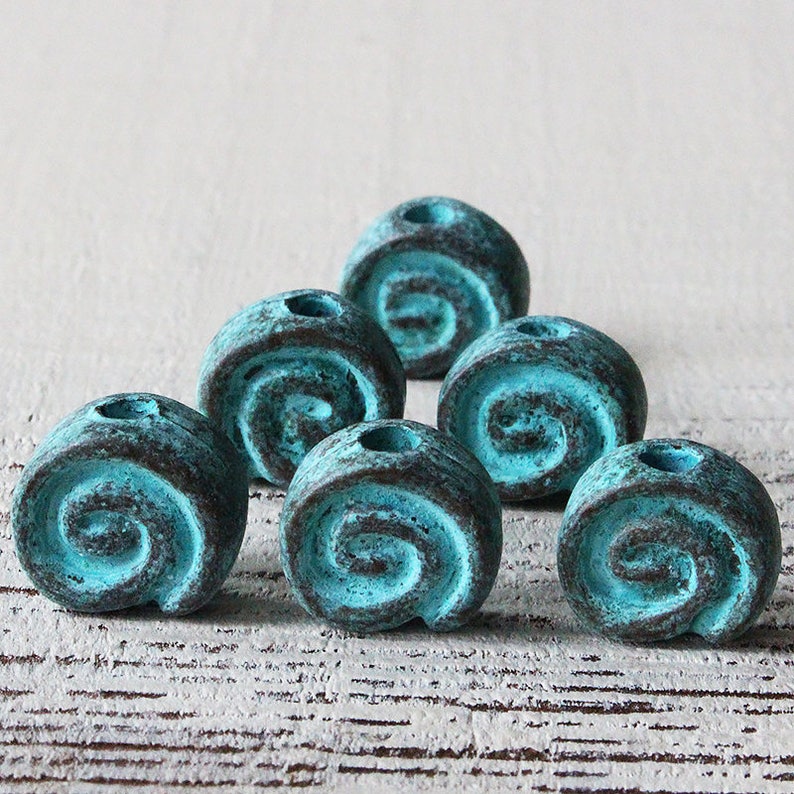 14mm Mykonos Beads For Jewelry Making Green Patina Spiral Beads Made In Greece Boho Jewelry Supplies Large Hole Beads Choose Amount image 1