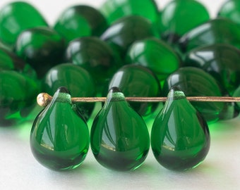 10x14mm Large Glass Teardrop Beads - Jewelry Making Supplies - Emerald Green - Choose Amount