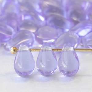 6x9mm Teardrop Beads For Jewelry Making - Czech Glass Beads - Light Transparent Lavender - 50 beads