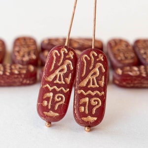 10x25mm Cartouche Beads Czech Glass Beads Hieroglyphic Red with a Copper Finish 4 Beads image 1