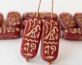10x25mm Cartouche Beads - Czech Glass Beads - Hieroglyphic - Red with a Copper Finish- 4 Beads