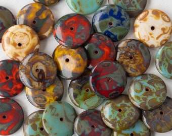 10 - 16mm Smooth Rondelle Beads - Czech Glass Beads - Disk Beads - Opaque Picasso Mix - 10 beads