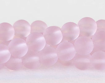 16 Inches - 8mm Round Cultured Sea Glass Beads For Jewelry Making - Frosted Glass Beads - Recycled Glass Beads - Pink Rose