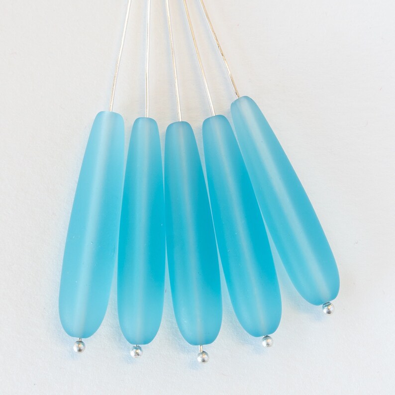 10 Teardrops Sea Glass Beads Aqua Long Drill Teardrop Beads For Jewelry Making Jewelry Frosted Beads Recycled Glass Beads 38x8mm image 1