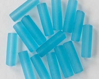 Sea Glass Beads - 14mm Tube Beads - 14x4mm Recycled Seaglass Tube Beads - Jewelry Making Supply -  Transparent Aqua - Choose Amount