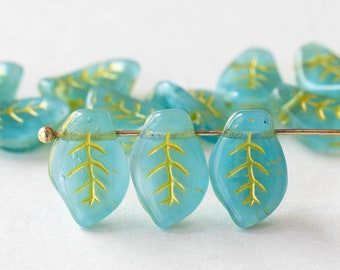 Czech Glass Leaf Beads For Jewelry Making - Czech Glass Beads - Blue Mix with Gold Wash - 9x14mm - 12 Beads