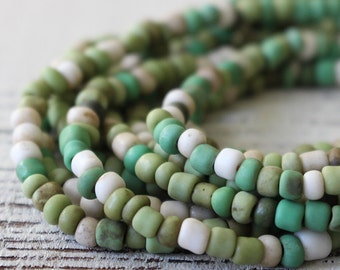 Indonesian Rustic Tribal Matte Seed Beads - Jewelry Making Supply (~5mm) Green Mix - 21 or 42 Inches
