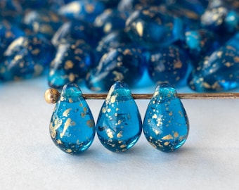 6x9mm Glass Teardrop Beads For Jewelry Making - Czech Glass Tear Drop - Czech Glass Beads  Capri Blue Gold Dust Beads - 40 beads