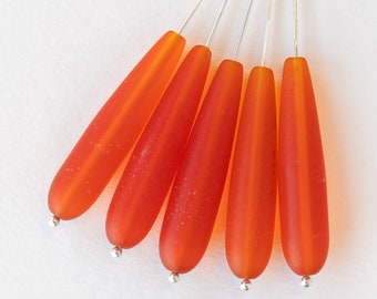 10 - Long Teardrop Beads  - Cultured Sea Glass Beads - Jewelry Making Supplies - Frosted Glass Beads - Orange Matte - 38x8mm