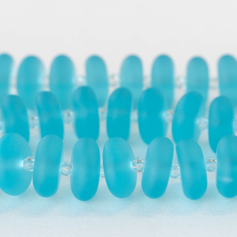 Sea Glass Rondelle Cultured Recycled Sea Glass Beads Jewelry Making Supply Frosted Glass Bead Light Aqua 28pc 12x5mm image 4