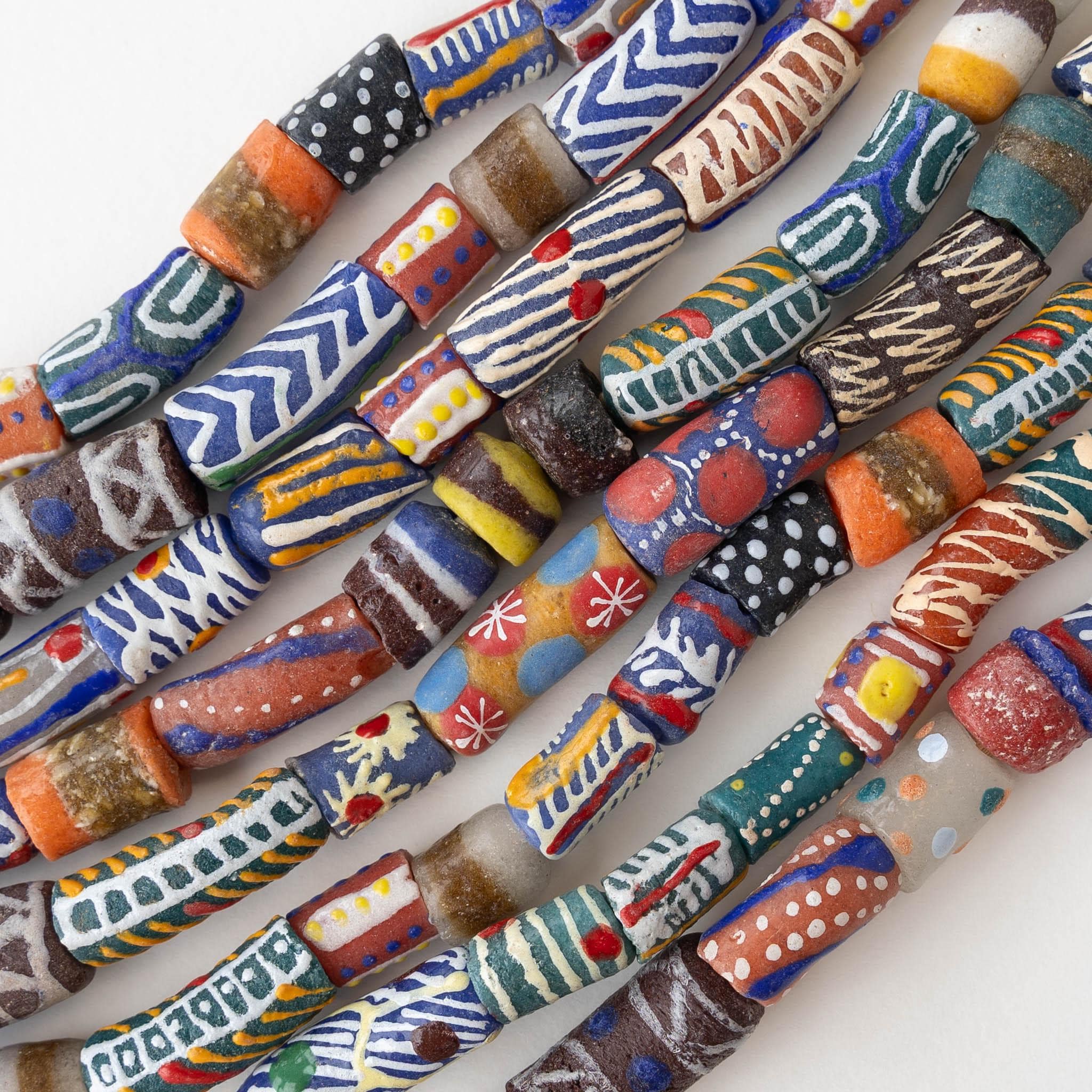 Painted Tube Beads from Ghana Africa - Colorful Pattern Mix - 32 inch strand ~44 beads