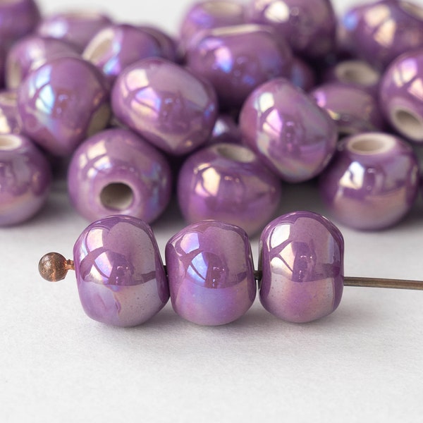 10mm Glazed Ceramic Round Beads -Mykonos Rounds - Iridescent Purple Passion