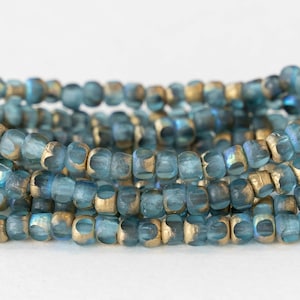 Size 6/0 - 3 Cut Aged Picasso Seed Beads For Jewelry Making Supply - Trica Beads - Light Blue an Etched Gold Finish - 50 beads