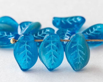 Czech Glass Leaf Beads For Jewelry Making - Czech Glass Beads - Blue Mix with Lt. Blue Wash - 9x14mm - 12 Beads