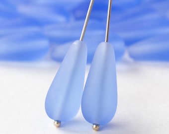 20mm Glass Teardrop Beads For Jewelry Making - Frosted Glass Beads - Sapphire Blue - Czech Beads - 10 or 20 beads