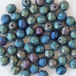 8mm Round Firepolished Beads - Czech Glass Beads - Matte Green Iris - 25 Beads