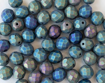 8mm Round Firepolished Beads - Czech Glass Beads - Matte Green Iris - 25 Beads