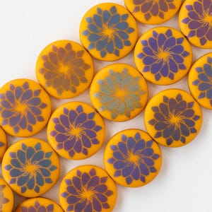8 - 17mm Glass Coin Beads - Czech Glass Beads - Opaque Orange with Laser Etched Lotus Flower - 8 beads