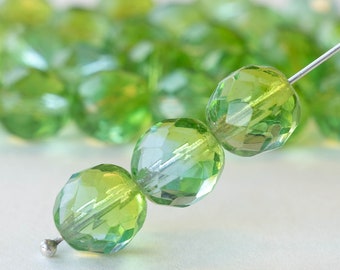 10mm Round Firepolished Bead - Czech Glass Beads For Jewelry Making - Two Tone Transparent Aqua And Green - 10 Beads