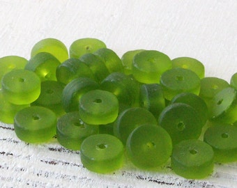 72 - Sea Glass Heishi Beads - Cultured Sea Glass Beads - Jewelry Making Supply - Frosted Glass Bead - 9x3mm - 72 beads -  Lime Green