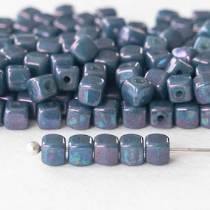 100 - 4mm Cube Beads - Czech Glass Beads - Opaque Blue Purple Luster - 100 beads
