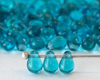 100 - 6x4mm Glass Teardrop Beads - Czech Glass Beads For Jewelry Making - 4x6mm Light Teal - 100 beads