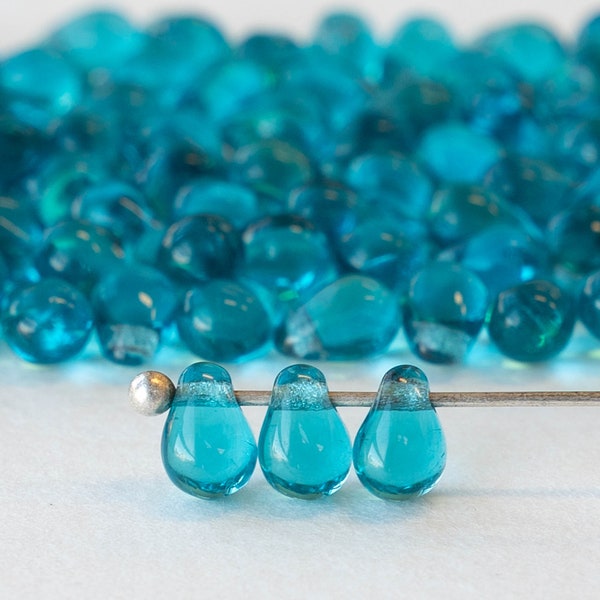 100 - 6x4mm Glass Teardrop Beads - Czech Glass Beads For Jewelry Making - 4x6mm Light Teal - 100 beads