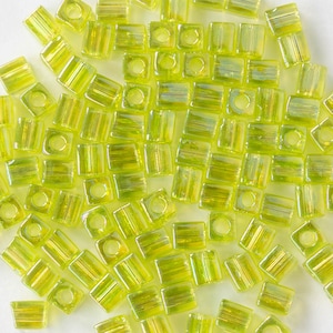 4mm Miyuki Cube Beads For Jewelry Making - Chartreuse Green AB - 10 or 20 grams