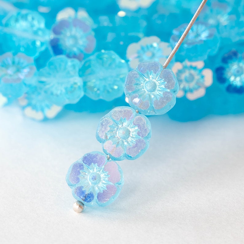 9mm Glass Flower Beads Czech Glass Beads Light Aqua Blue 16 beads image 2