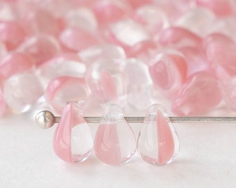 100 - 4x6mm Glass Teardrop Beads - Czech Glass Beads - 6x4mm - Smooth Briolette Beads -  Crystal and Pink Mix - 100 beads
