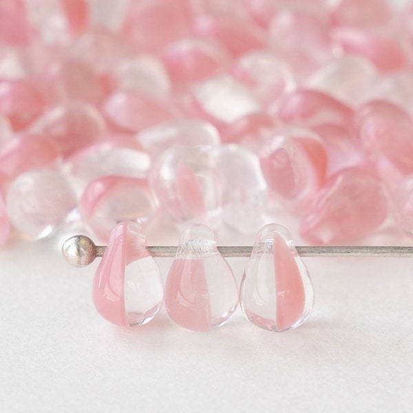 100 - 4x6mm Glass Teardrop Beads - Czech Glass Beads - 6x4mm - Smooth Briolette Beads -  Crystal and Pink Mix - 100 beads