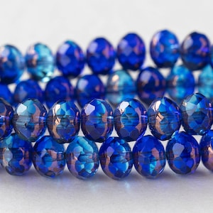 25 - 5x7mm Faceted Rondelle Beads - Czech Glass Beads - Sapphire and Sky Blue with a Bronze Finish - 25 beads