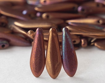 16mm Glass Dagger Beads - Czech Glass Beads - Metallic Bronze Iris  - 50 beads