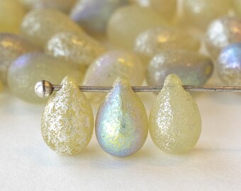 6x9mm Teardrop Beads For Jewelry Making - Czech Glass Beads - Etched Ivory AB - Smooth Briolette Beads - 25 beads