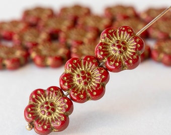 10 - 14mm Anemone Flower Beads - Czech Glass Beads - Red with Gold Wash - 10 Beads