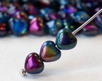 6mm Glass Heart Beads - Czech Glass Beads - Crystal Magic Blue- 25