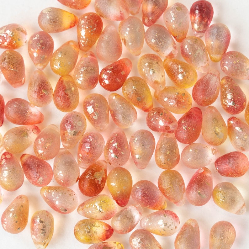 50 6x9mm Glass Teardrop Beads For Jewelry Making Czech Glass Beads Peach with Gold Dust Smooth Briolette Beads 50 beads image 2