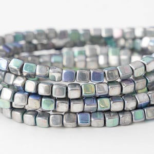 40 - 4mm Glass Cube Beads - Czech Glass Beads - Silver AB - 40 beads